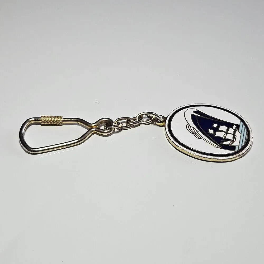 Vintage Enamel statendam Ship Oval gold tone Keychain Keyring